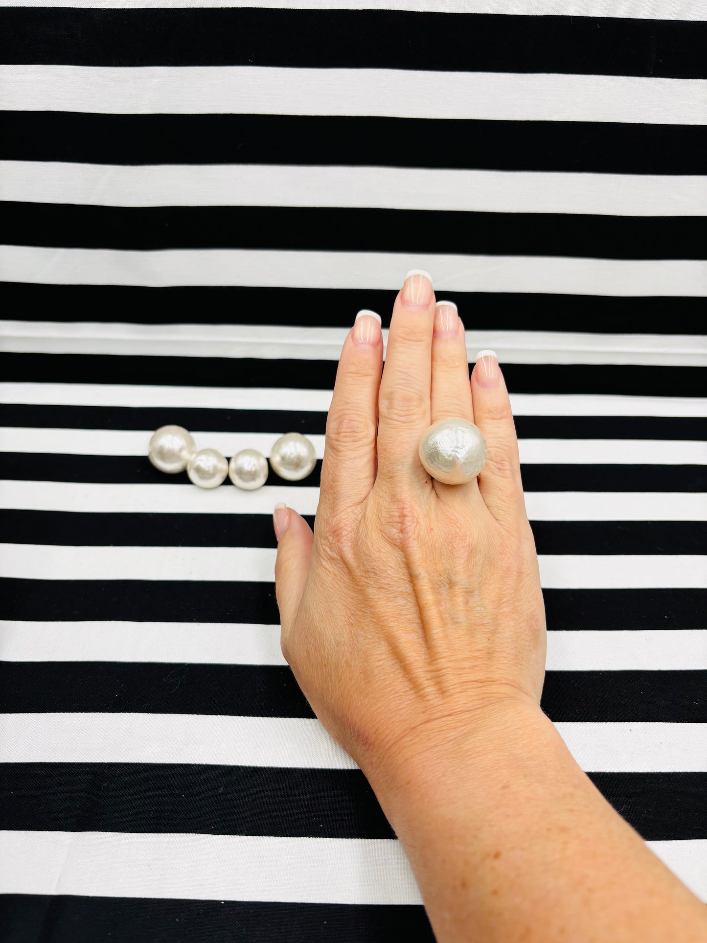 Jumbo White Cotton Pearl Button Ring