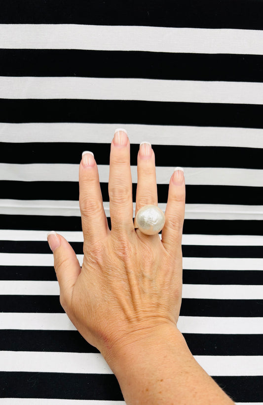 Jumbo White Cotton Pearl Button Ring