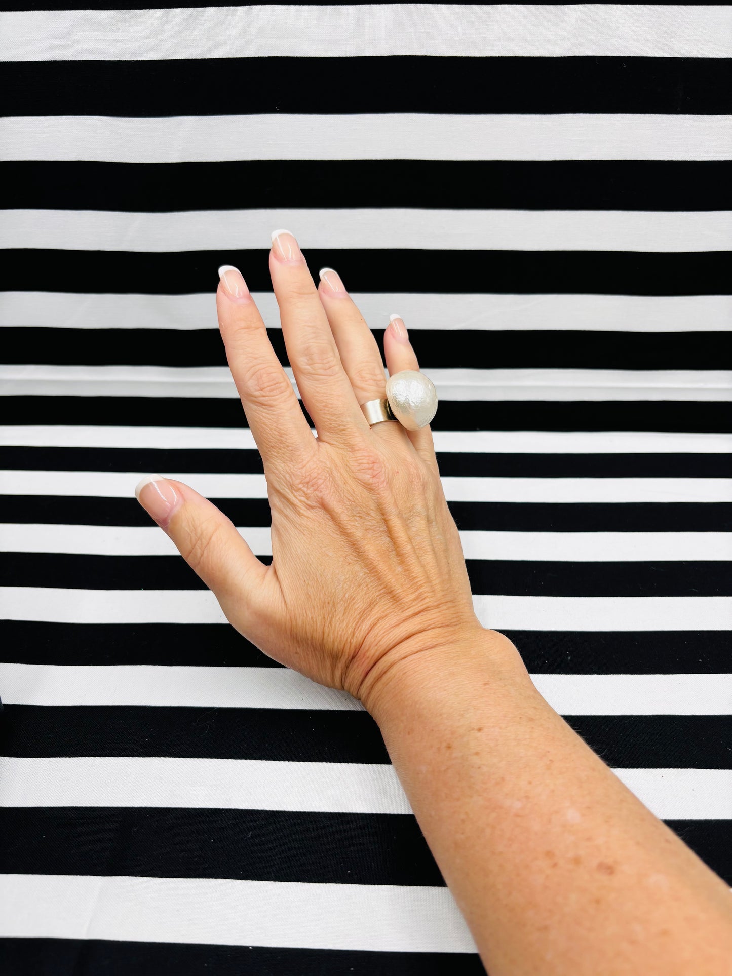 Jumbo White Cotton Pearl Button Ring